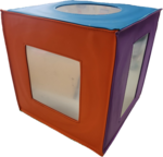 Coloured cube with mirror shapes