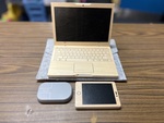 Wooden laptop,iPad and mouse 