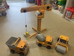 Hape building set, crane plus 3 diggers. 