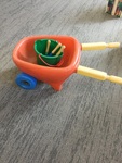 Red wheel barrow + 3 tools