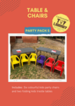 6 kids party colourful chairs and 2 trestle tables
