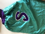 Blue silky superhero cape with S on back 