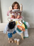 Miniland doll with Hape Highchair, wooden feeding items, blocks, bib and clothes