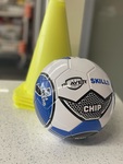 Soccer ball with 4 yellow marker cones