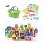 G343: Wooden cash register, alphabet shop items & shopping baskets