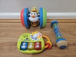 Vtech Tummy Time Discovery Toy, Hape Beaded Raindrops and Playskool Chase N Crawl Duckies
