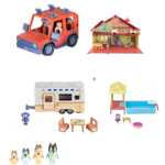 Bluey Car and Camper Set and  Bluey Pool Set and Bluey Playhouse