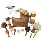 Wicker basket containing musical instruments
