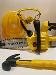 Stanley Jr chainsaw, hard hat and protective goggles
