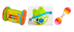 I014: Playgo Musical Spinning Wheel + Bright Starts Oball Frog themed Rattle + Wooden Maracas