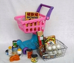 Pink Shopping Trolly, Basket And Groceries.
