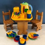 Dolls table, chairs and tea set